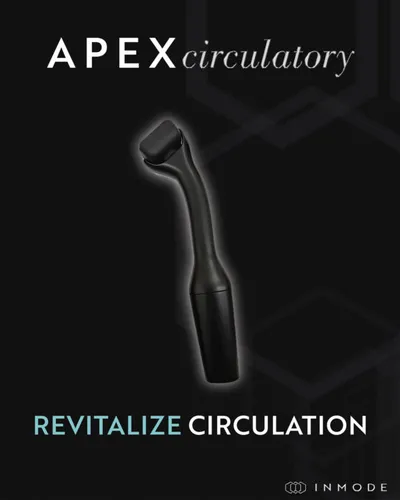 Black handheld APEX Circulatory device against dark background with text 'Revitalize Circulation