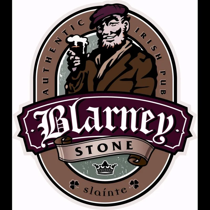 Blarney Stone Irish pub logo with illustrated man holding a pint