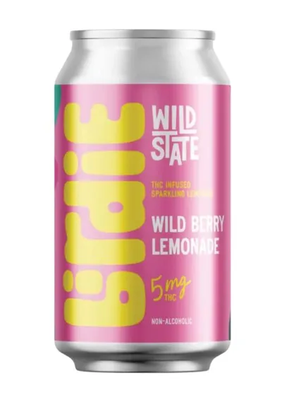 Pink aluminum can of Wild State Birdie Wild Berry Lemonade, 5mg THC, non-alcoholic