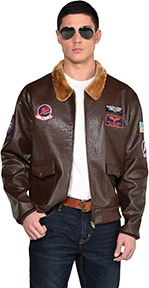 Man wearing a brown leather bomber jacket with patches and aviator sunglasses