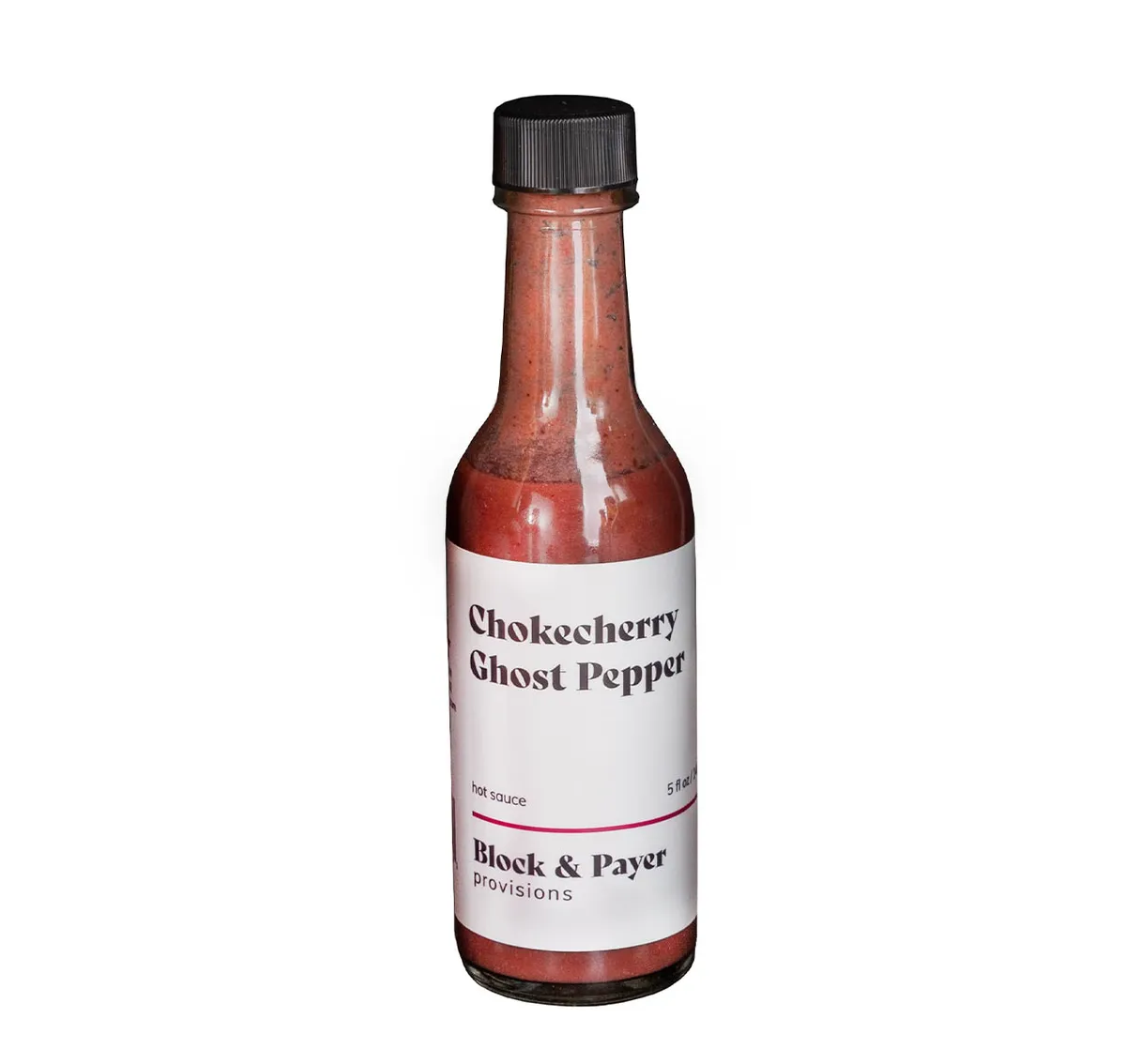 5 fl oz bottle of Chokecherry Ghost Pepper hot sauce by Block & Payer Provisions