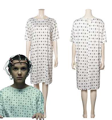 Mannequins displaying a patterned hospital gown costume, with a reference photo inset