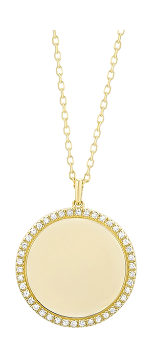 Gold circle pendant necklace with diamond halo border on a delicate chain