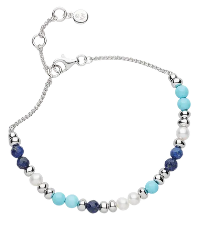 Silver chain bracelet with turquoise, navy blue, and pearl beads