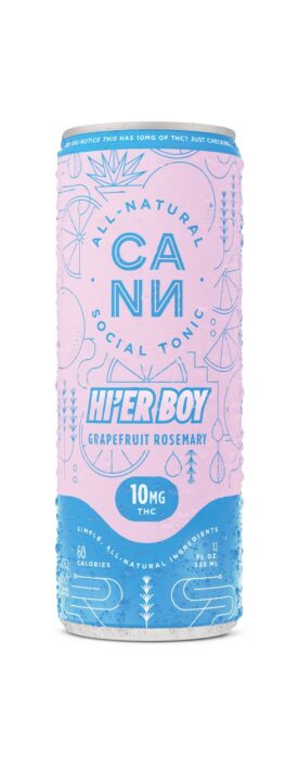 Pink and blue Cann Hi'er Boy Grapefruit Rosemary 10mg THC social tonic can