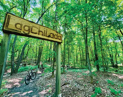 Wooden trail sign reading 'LagChiLada' among lush green forest with a mountain bike nearby