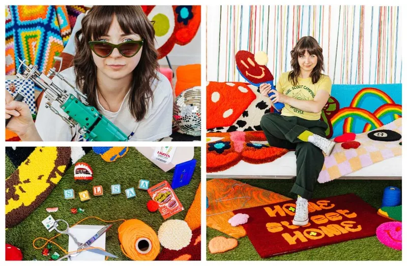 Woman with bangs posing in three-panel collage with colorful tufted rugs, yarn, and craft tools