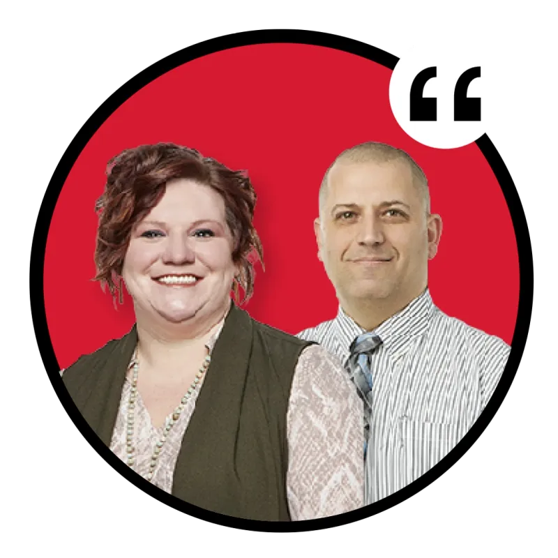 Smiling woman and man posed together against a red circular background with a quotation mark