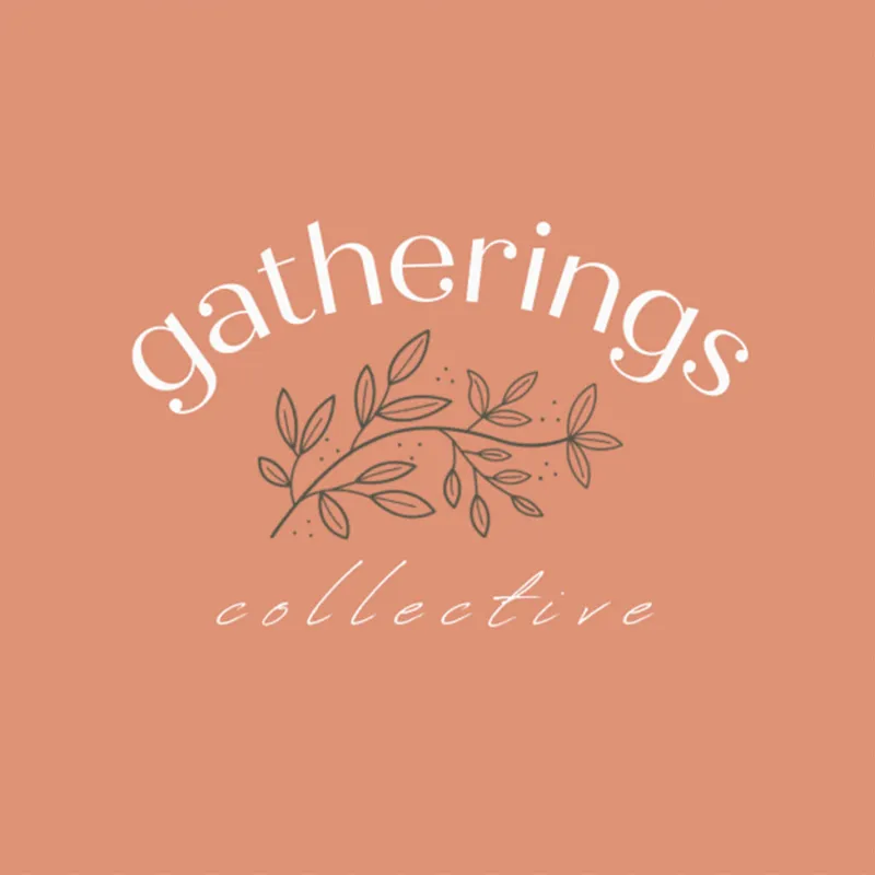 Gatherings Collective logo with leaf branch illustration on a terracotta background