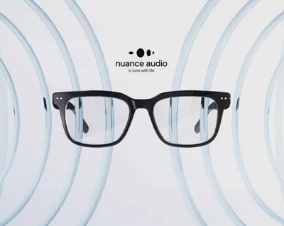 Black rectangular smart glasses with sound wave graphics and Nuance Audio branding