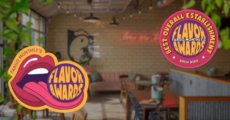 Fargo Monthly's Flavor Awards logos over a blurred café dining room interior