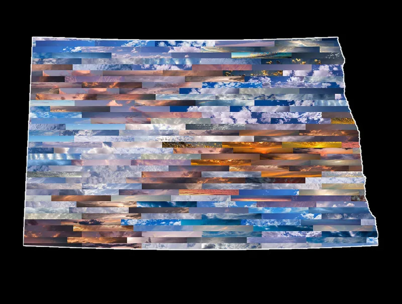 State of North Dakota shaped collage made of horizontal strips of sky photos