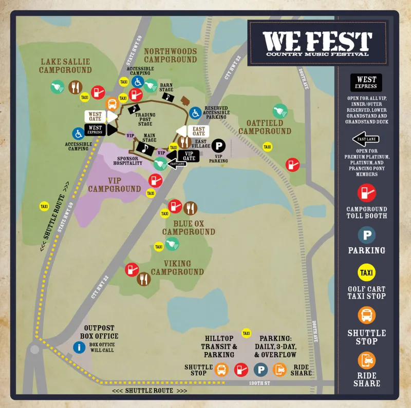 We Fest Country Music Festival grounds map showing campgrounds, stages, gates, parking, and shuttle routes