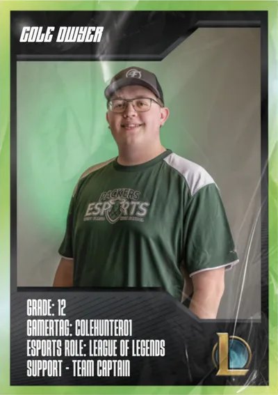 Smiling teen in green Packers Esports jersey and cap on a trading-card style graphic