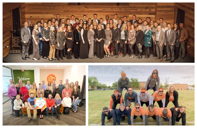 Real estate team members in three group photos: formal event, office welcome area, and outdoor field