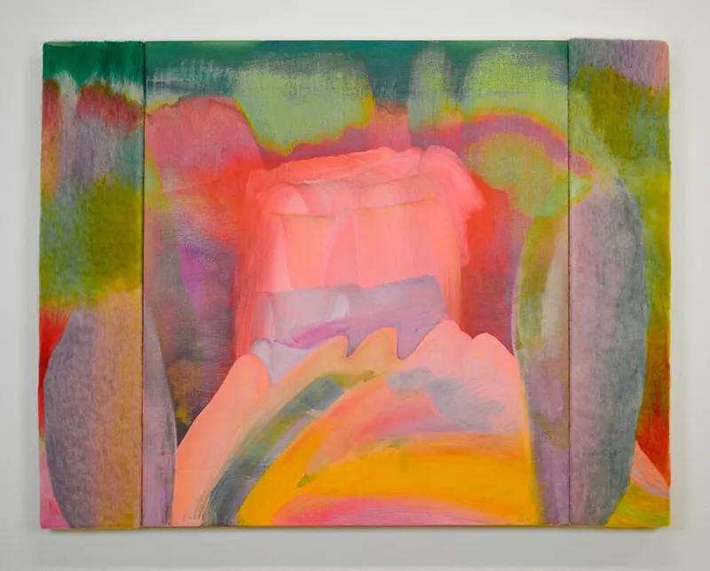 Abstract triptych painting with soft pink, yellow, green, and lavender washes suggesting a landscape