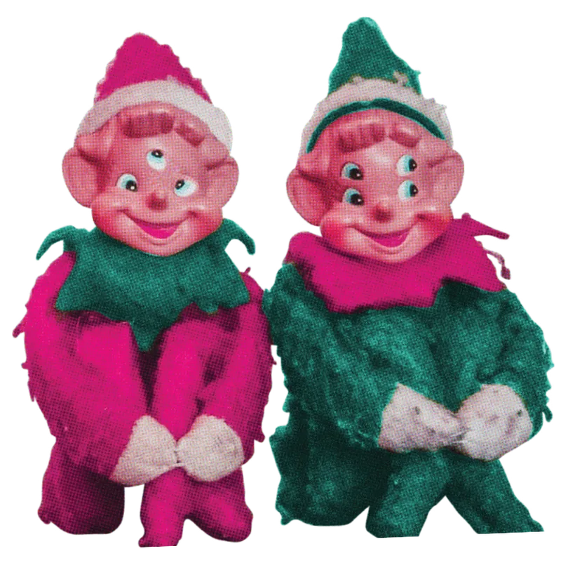 Two vintage-style elf figurines in pink and green plush suits