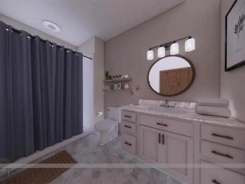 Rendered bathroom with gray vanity, round mirror, navy shower curtain, and mosaic tile floor