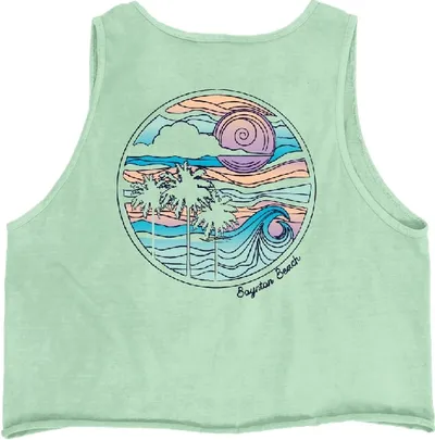 Mint green cropped tank top with circular beach scene graphic featuring palm trees and waves