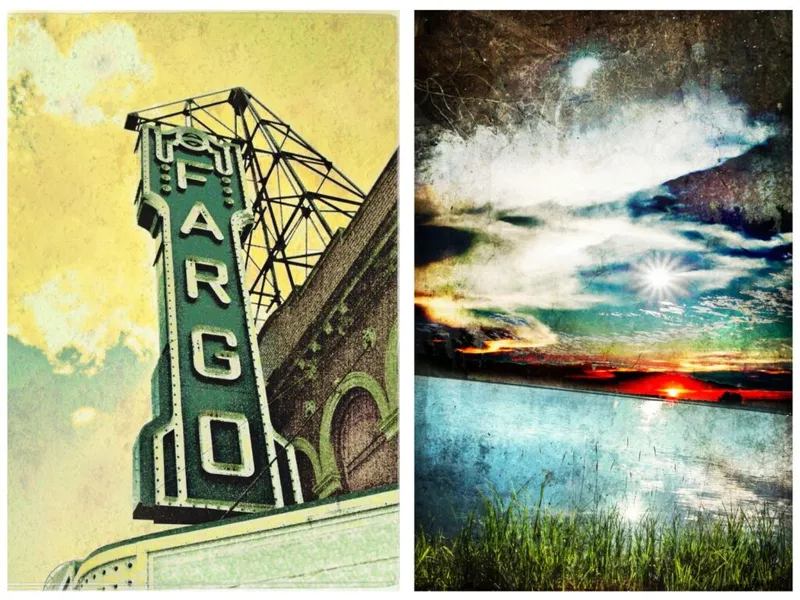 Vintage-style diptych: Fargo Theatre marquee sign beside a vivid sunset over calm water