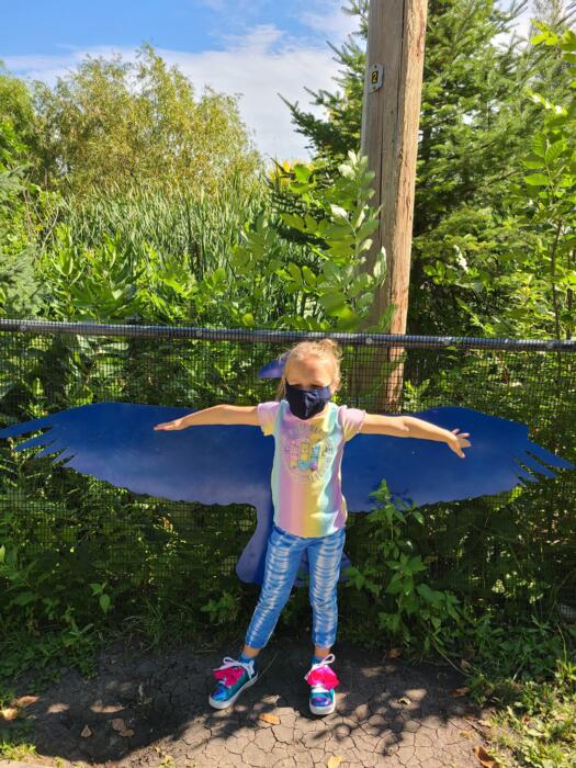 Young girl in a face mask posing with arms outstretched behind large blue bird wing cutouts outdoors