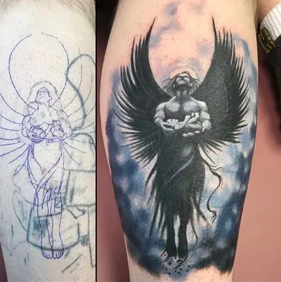 Side-by-side of a pencil sketch stencil and finished black-and-grey angel tattoo on a leg