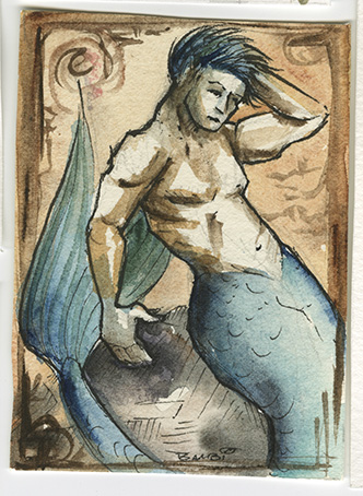Watercolor painting of a male mermaid figure seated on a rock with a blue tail