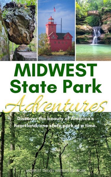 Book cover for Midwest State Park Adventures showing a balanced rock, red lighthouse, waterfall, and forest