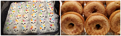 Sugar skull decorated sheet cake beside a tray of glazed cinnamon donuts